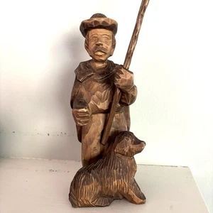 Hand Carved Wood Shepherd With Dog & Staff Folk Art Figure 10.75” Vintage - Picture 1 of 7
