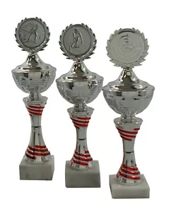 2x 3er Serie Pokale in Rot/Silber 27 - 30 cm inkl. Gravur und Emblem - 631 1-3 - Bild 1 von 7