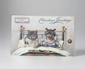 Antique CATS CHRISTMAS GREETINGS Tuck Postcard Breakfast in Bed Charged Extra - Picture 1 of 4
