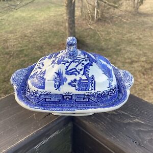 Antique 19c Unmarked Pottery Blue Willow Covered Small Serving Dish W/ Lid