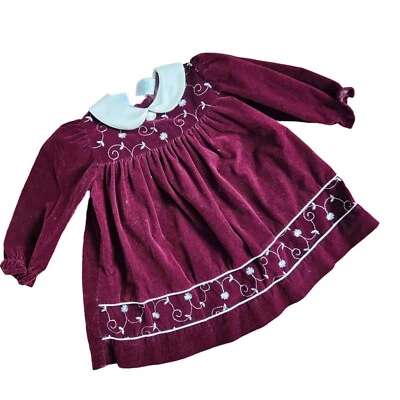 Vintage Rose Cottage 24M Dress Wine Velvet Ivory Collar Embroidered Long Sleeve - Image 1 of 4