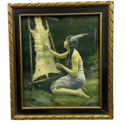 Vintage Pocahontas Art Print Framed Indian Maiden Hide Antique - Image 1 of 4