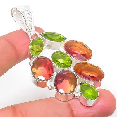 Bi-Color Tourmaline, Peridot Gemstone 925 Sterling Silver Jewelry Pendant 2.21" - Image 1 of 4