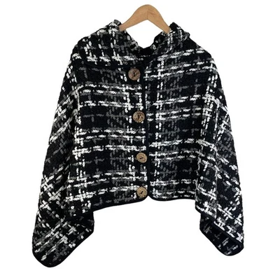 Women's Tweed Plaid Woven Cape Swawl Poncho Button Front Black White One Size - Image 1 of 4