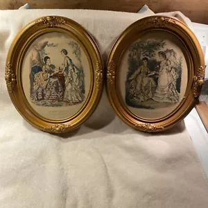 Vintage Set Of 2 Oval Gold La Mode Illustree Pictures Wall Art - Picture 1 of 24