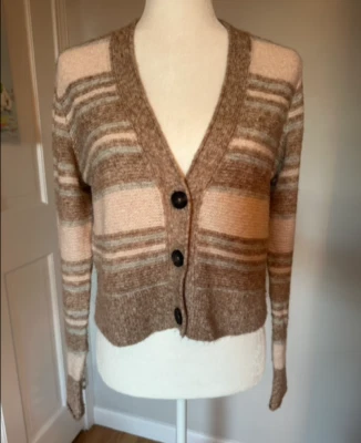 女式 Abercrombie V 领开衫毛衣中号纽扣条纹粉色棕色 — 第 1/4 张图片