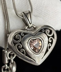 BRIGHTON Heart Crystal Pendant Snake Chain 18in Necklace REVERSIBLE Pink Clear - Picture 1 of 17