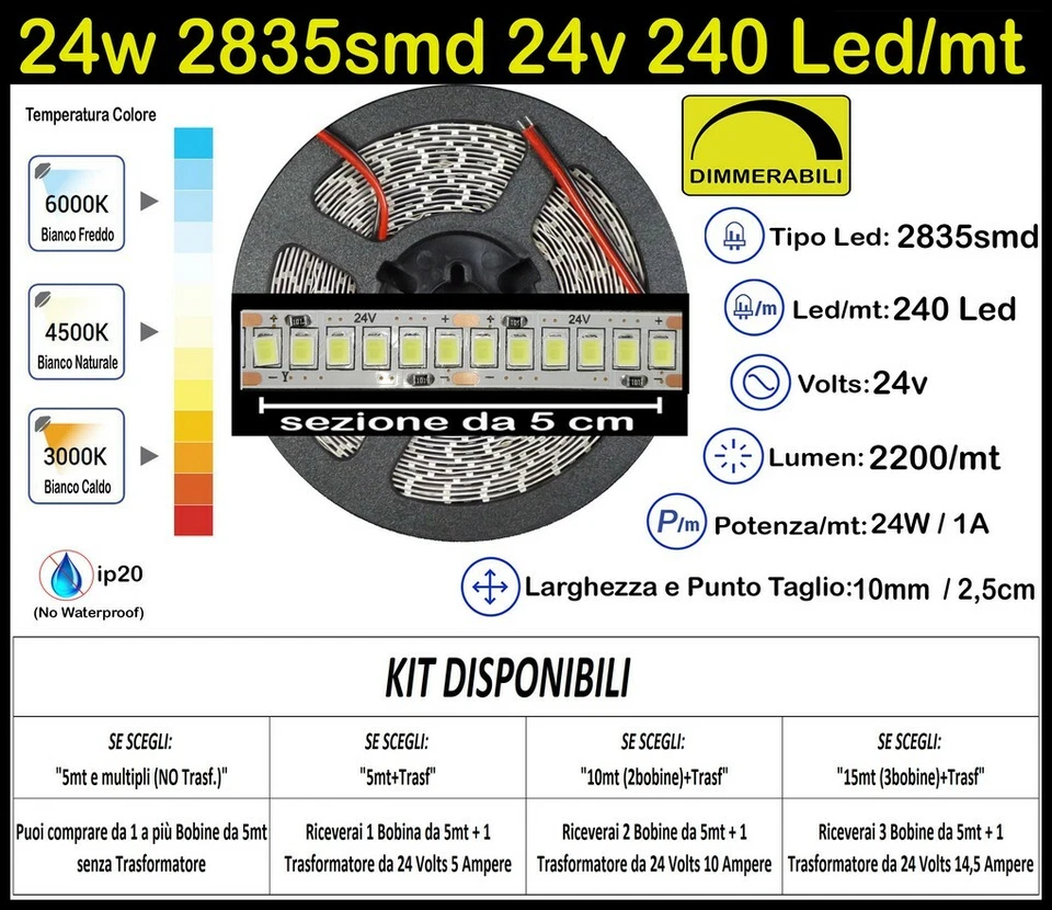 Striscia Led 24 Watt, 24 Volt Bianche 2835 240 Led/mt Kit 5/10/15m Strip 24w 24v - Immagine 1 di 1