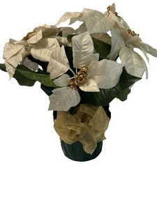 Faux White Gold Poinsettia Plant Floral Arrangement Glitter Bow New with Tags - Picture 1 of 4