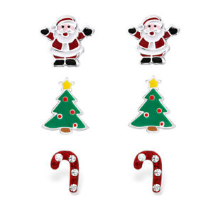 925 Sterling Silver Santa Crystal Candy Cane Christmas Tree Stud Earrings Set