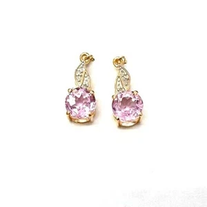 Certified 9ct Yellow Gold Pink Kunzite & Diamond Dangle Earrings, 2.5 Grams - Picture 1 of 7