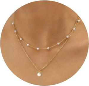 Gold Pearl Necklace for Women, 14K Gold Plated Layered Pearl Necklaces for Women - Picture 1 of 12
