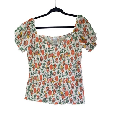 Disney Walt World Vault Collection Smocked Puff Sleeve Top Orange Fruit Print XL - Image 1 of 4