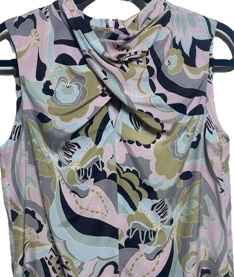 Blusa E3 by Etcetera mistura de seda abstrata floral sem mangas gola drapeada tamanho 4 em excelente estado usado - Imagem 1 de 4