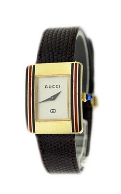 Reloj Tanque Mecánico Vintage Gucci 19mm x 24.5mm Tono Dorado Azul Rojo Esmalte Foto 1 de 4