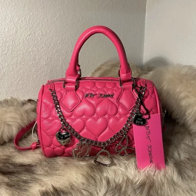 NWT Betsey Johnson Jean Barrel Satchel  Crossbody - Quilted Hearts - Hot Pink - Image 1 of 4