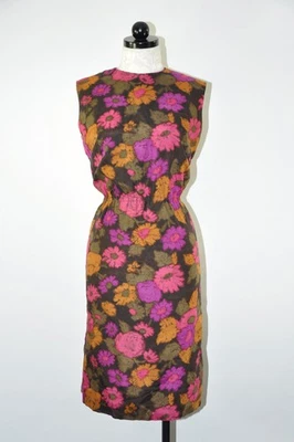 60s Vintage Purple Autumn Mums Floral Sleeveless Sheath Wiggle Dress Women S M - Image 1 of 4