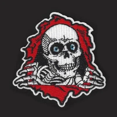 SKELETON FACE IRON ON PATCH 2.85" Bones Skull Red White Embroidered Applique NEW - Image 1 of 2