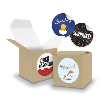 SET Überraschung 24x Geschenkbox Faltschachtel Würfel BRAUN u Sticker Gast 6,5cm - Bild 1 von 2