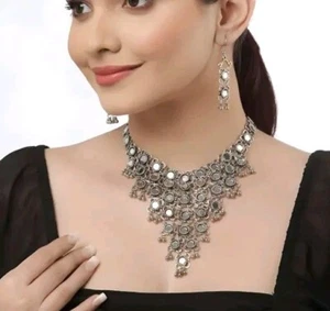 Collar chapado en plata estilo Bollywood Ghungroo espejo oxidado mujer Jhumka - Imagen 1 de 5