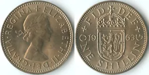 United Kingdom 1963 One Shilling Scottish Shield KM#905 Cu-Ni Queen Elizabeth II - Picture 1 of 3