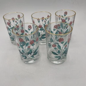 Vintage Pink and Teal Wildflower Juice Glass Gold Rim Drinking Glasses 5 MOD - Picture 1 of 5