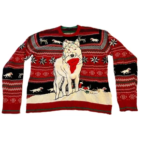 Blizzard Bay White Wolf w/ Santa Hat Ugly Christmas Christmas Sweater Sz M - Picture 1 of 10