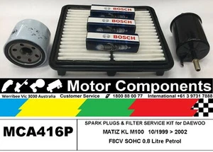 SPARK PLUG & FILTER SERVICE KIT for DAEWOO MATIZ KL M100, M150 0.8L F8CV 99 > 02 - Picture 1 of 2