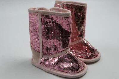 Stepping Stones Infant Baby Girls Pink Sequin Faux Fur Lined Boots Shoes  6-9Mo - Image 1 of 4