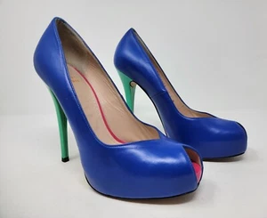 Stuart Weitzman Victoria Blue Nappa Leather Peep Toe Platform Heels Size 8.5 - Picture 1 of 7