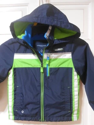 London Fog 男孩蓝色/绿色拉链连帽夹克尺寸 6 有内衬雨风带口袋 — 第 1/4 张图片