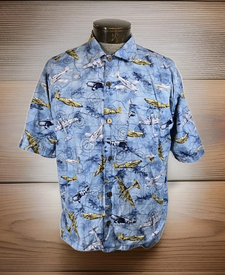 Camisa havaiana masculina Yo Wear L USAF Segunda Guerra Mundial bombardeiro aviões de combate mapa vintage anos 90 - Imagem 1 de 4