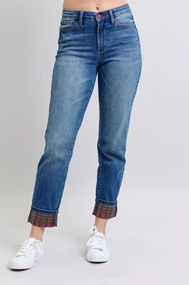 Judy Blue Full Size Plaid Print Cuff Straight Leg Jeans with Pockets - Image 1 of 4