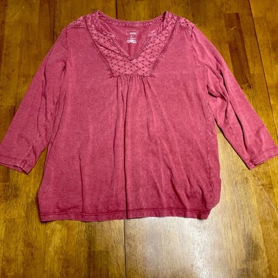 Sonoma女式1/4袖V领农民罩衫,孔眼蕾丝细节装饰。 XL 码 — 第 1/4 张图片