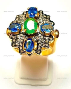 Anillo de cóctel aniversario esmeralda ovalada natural de plata de ley 925 - Imagen 1 de 9