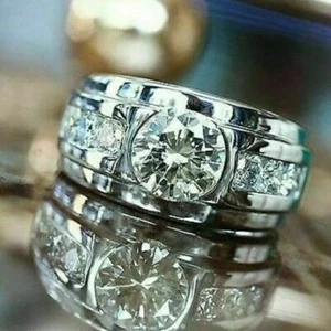 2.25 Ct Round Cut Lab Created Diamond Men's Unique Ring 14K White Gold Plated - Picture 1 of 4