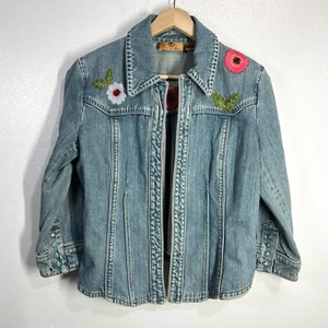 Dana Buchman Denim Jacket Floral Embroidered Small Light Wash Teal Snap Casual - Picture 1 of 13