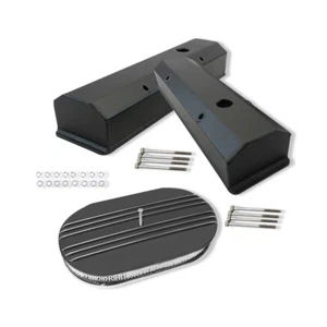 For 1958-86 SBC Chevy Fabricated Tall Valve Covers & 3" Half Finned Air Cleaner - Picture 1 of 10