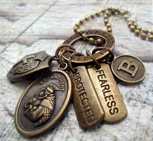 Bronze Saint Anthony Necklace with Cross Shield, Protected & Fearless Charms - Picture 1 of 3