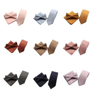 Men Twill Pre-tied Solid Bowtie Matched Tie Necktie Sewn Edge Pocket Square Set - Picture 1 of 16