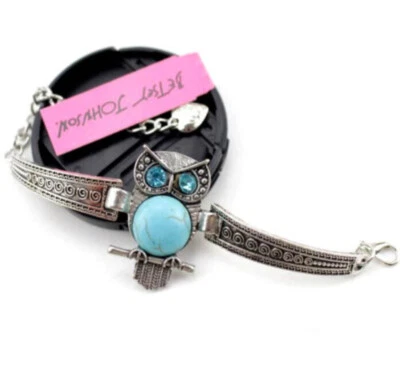 Betsey Johnson Crystal Blue Turquoise Owl Silver Charm Bracelet Free Gift Bag - Image 1 of 4