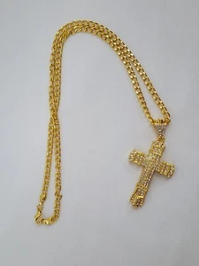 Large Bling Flashy Gold Tone Clear Rhinestone Cross Fashion Pendant Necklace - Picture 1 of 2