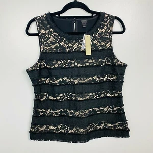 Neu mit Etikett J. Crew Nude und Schwarz Fransen Top in Tweed und Spitze Ärmellos Größe Large - Bild 1 von 6