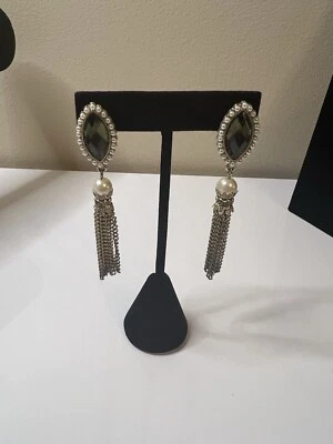 Green Stone Pearled Chandelier Earrings  - Image 1 of 4