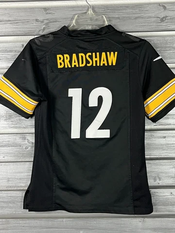 RARE Terry Bradshaw Pittsburgh Steelers Nike NFL #12 Jersey Youth M Black SEWN Cover