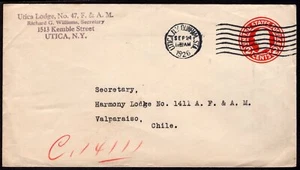084 US TO CHILE PS STATIONERY ENVELOPE 1926 UTICA, NY - VALPARAISO - Picture 1 of 2