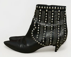 Saint Laurent Black Leather Ankle Booties Kitten Heel Studs Pointed Toe 37.5 - Picture 1 of 18