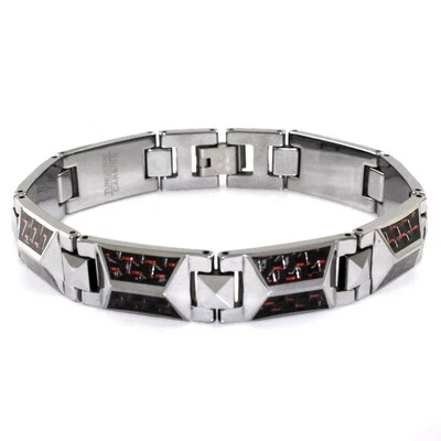 Tungsten Carbide Triangle Prism Red Carbon Fiber Inlay Men's Link Bracelet 8.5" - Image 1 of 4