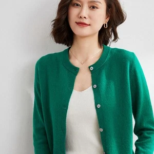 Women's Cashmere Blend Cardigan Solid Color Sweater Simple Crew Neck Jacket Coat - Picture 1 of 24
