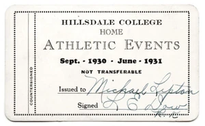 Pase de temporada 1930 Hillsdale College Athletic Events - Imagen 1 de 2